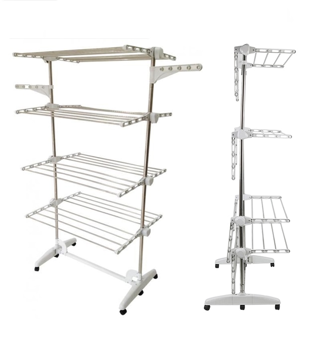 Stainless Steel Clothes Rack Four-layer Drying Rack Foldable Feet Easy To Assemble With Pulleys Sturdy Storage Laundry Hanger