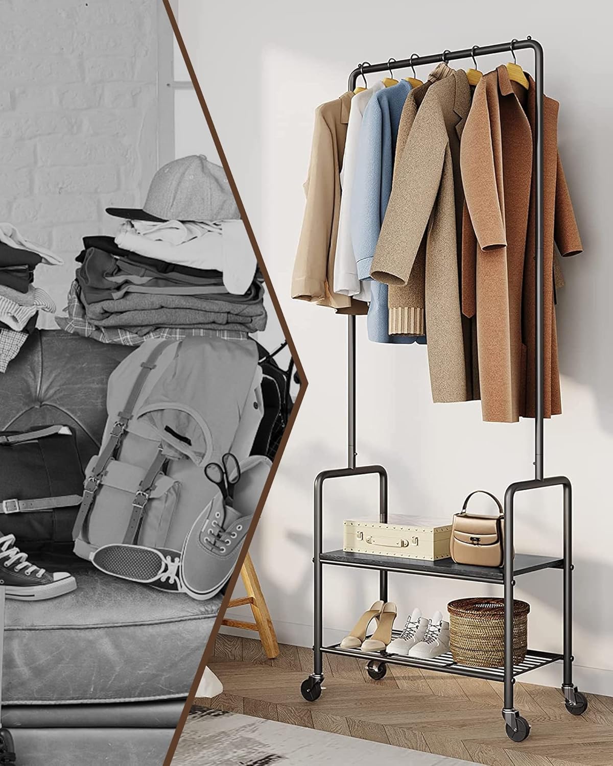 Perchero rodante para ropa, perchero que ahorra espacio con ruedas, organizador colgante portátil con 2 estantes, ropa de metal resistente