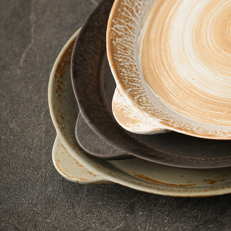 Japanese Retro Ceramic Tableware Rough Pottery Pasta Shallow Plate Binaural Steak Plate Home Salad Cooking Western Plate