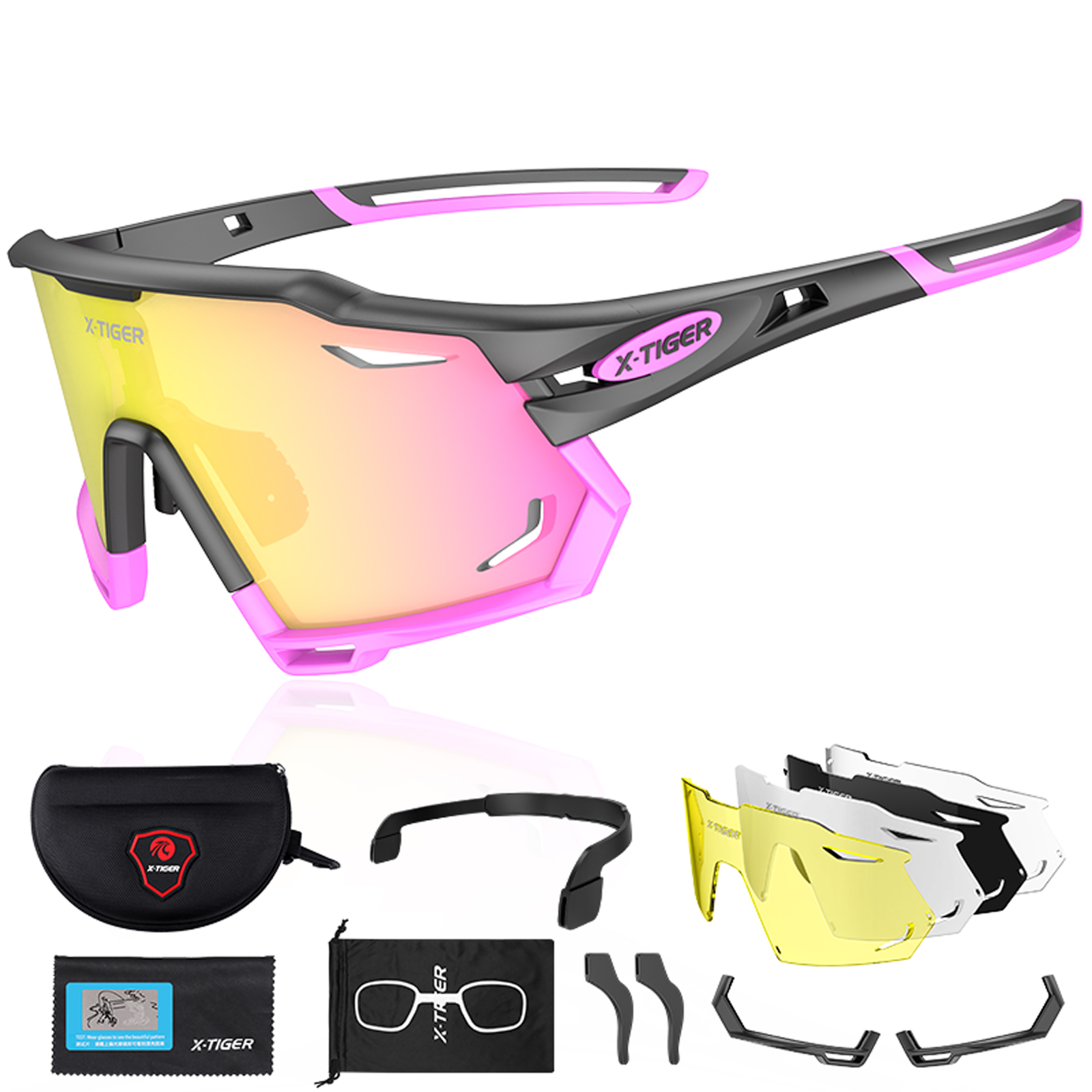 X-TIGER Gafas de ciclismo polarizadas con 5 lentes intercambiables MTB Ciclismo Béisbol Correr Gafas de sol deportivas para hombres y mujeres: Gris / Rojo