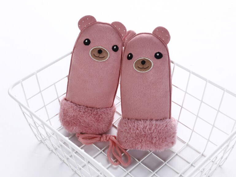 Winter kinder jongens meisjes winter handschoenen beren patroon zachte dikke sneeuwbal vechthandschoenen: Roze