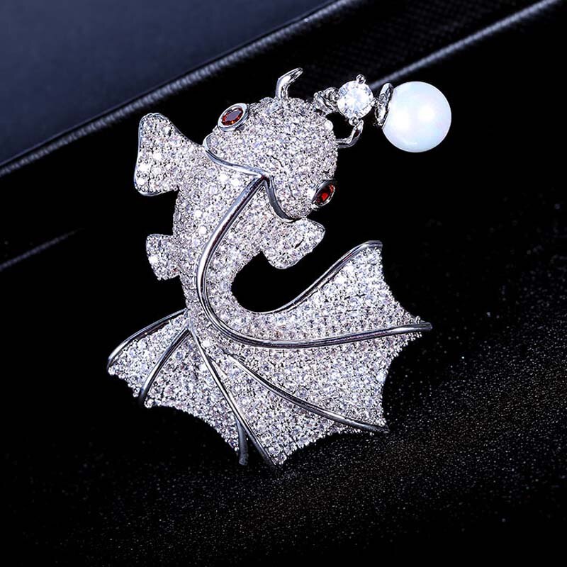Red Trees Brand Fish Shape Animal Brooch For Man & Women With Cubic Zirconia Sweater Accessories Christmas