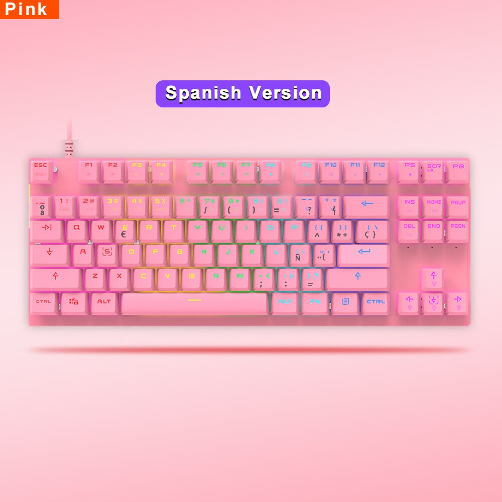 Oryginalna mechaniczna klawiatura gamingowa Motospeed CK82 USB przewodowa 87 klawiszy z podświetleniem RGB czerwony/niebieski przełącznik dla komputer stancjonarny Gamer: Pink Spanish / Czerwony Przełącznik