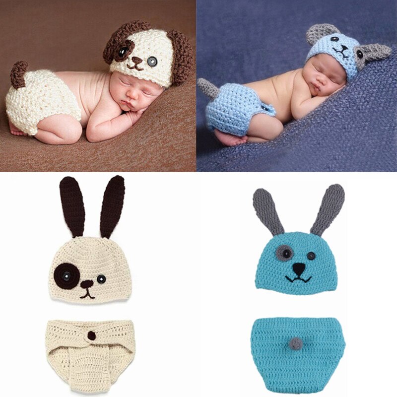 2 pz/set Baby Cute Dog Crochet Knit Costume Prop outfit foto neonato fotografia puntelli cappello infantile ragazze ragazzi vestiti