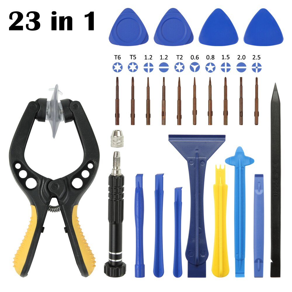 24 in 1 Suction Cup Sucker Pliers Spudger Pry Crowbar Shovel Blade Knife Torx Cross Screw Bolt Screwdriver Bit Soldering Pad Mat: 23 in 1 (A)