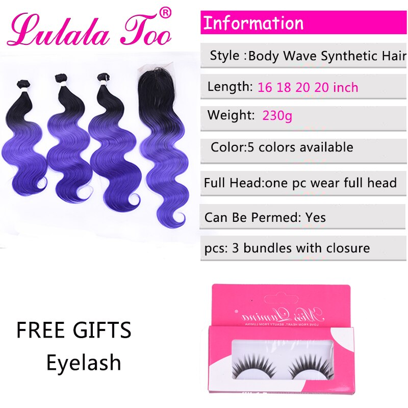 16-20inch Body Wave Synthetic Ombre Hair Bundles With Closure Purple Pink Green Middle Part 4Pieces/lot 230g