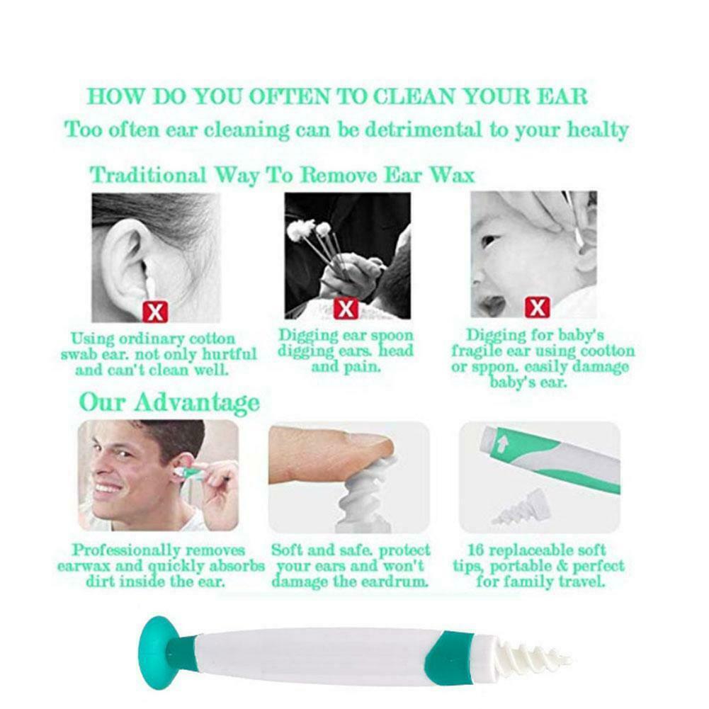 Q-Grips+16pcs Earpick Wax Remover Ear Cleaning Sticks Ear Cleaner Ear Wizard Wax Removal Spiral Soft Swab Pick Tool Set