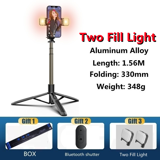 Aluminum alloy Bluetooth-compatible Selfie Stick Tripod Foldable Monopod With Two Led Fill Light For Action Cameras Smartphones: With light