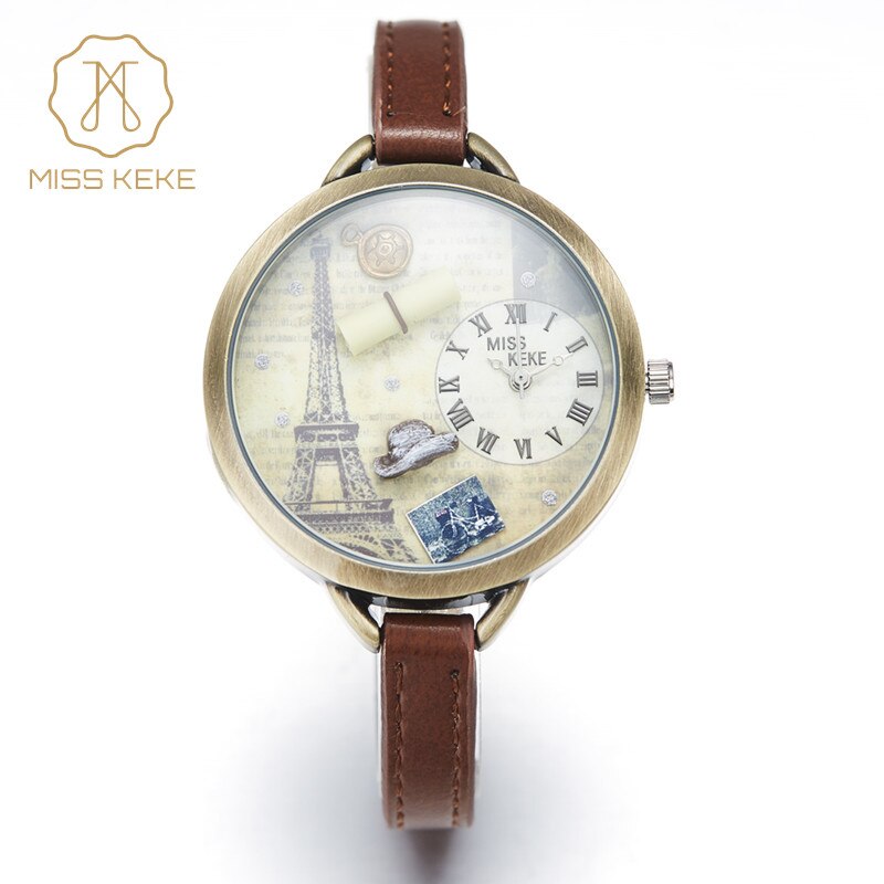 Miss Keke 3d Klei Leuke Mini Wereld Eiffeltoren Armband Horloges Vintage Retro Dames Vrouwen Quartz Leather Horloges 1038