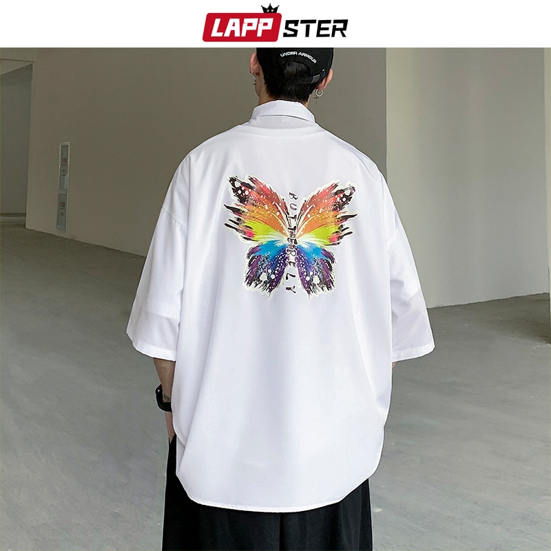 Lappster herre sommerfugle print hawaiiansk skjorter sommer herre harajuku koreansk hvid skjorte kortærmet mænd afslappet bluse ins