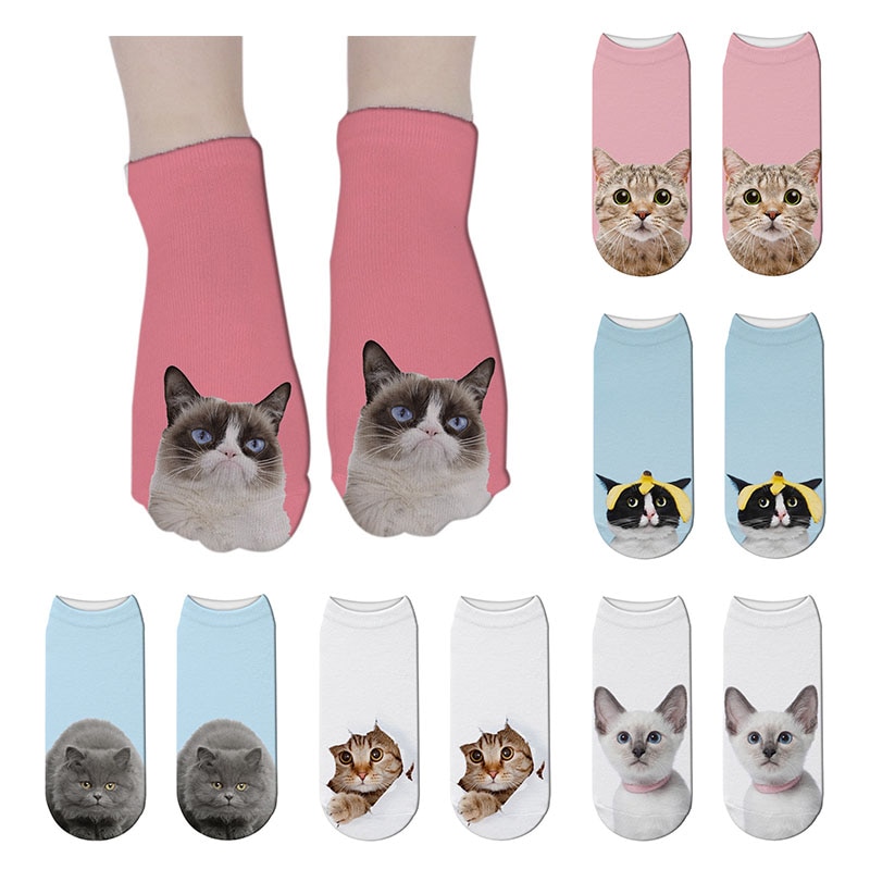 Women 3D Printed Animal Socks Funny Cartoon Cat Dog Cotton Low Ankle Unisex Socks носки с принтами