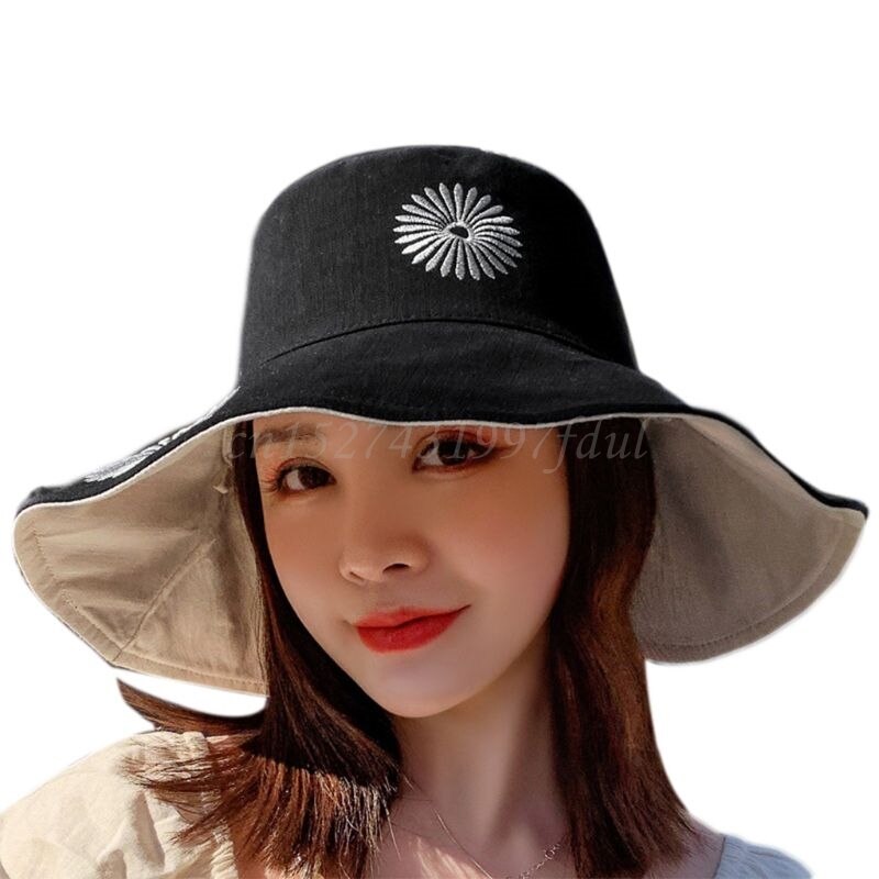 Women Summer Leisure Floppy Beach Sun Hat Reversible Sweet Daisy Sunflower Embroidery Wide Brim UV Protection Bucket Hat: BK