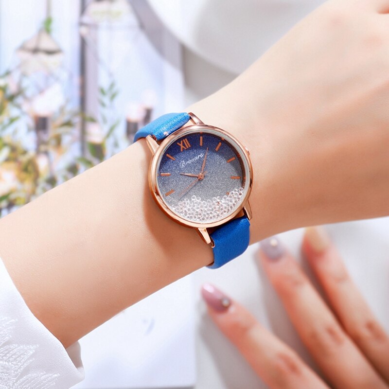 Scroll diamant dames casual leren dameshorloge quartz polshorloge sterrenhemel damesklok reloj mujer relogio feminino: Blauw