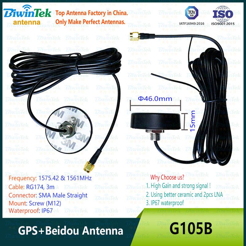 GPS Antenna GNSS BeidouGlonassGalileo External Internal ReceiverVehicleCarNavigation HighGainStrong SMAMale RG174 IP67 Magnet 3M: G105B