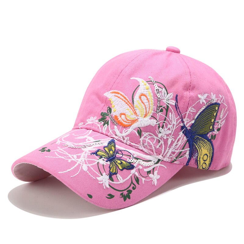 Gorras de béisbol a la para mujer, gorros de béisbol a la de algodón informales para adultos, para exteriores y viajes, Sombreros con bordado de mariposas y flores: Pink
