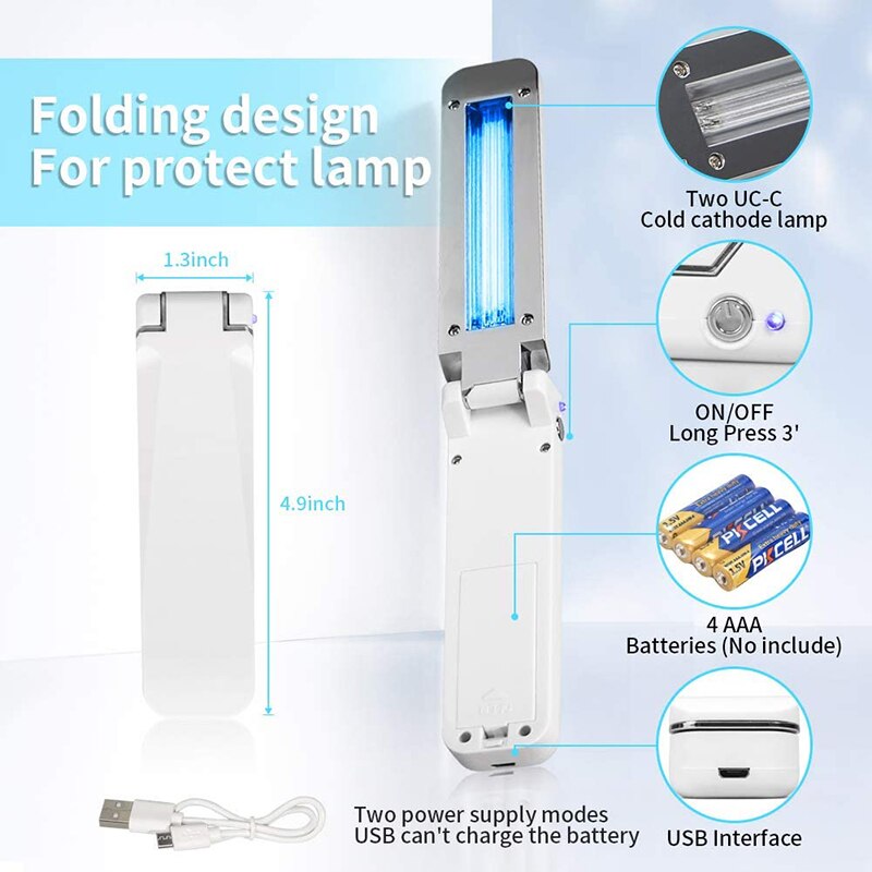 Uvc ultravioletti taitettava usb ladattavat lamput kannettavat kädessä pidettävät sterilointi taitetut valot sterilointi desinfiointi uv-lamppu