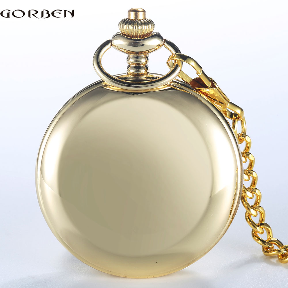 Lyxigt guld slät fickur för män retro romersk nummerurtavla steampunk herr damkvarts fickur med fob kedja