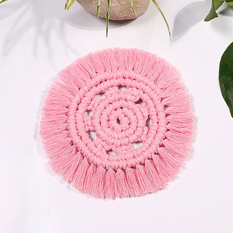 Round Woven Coasters Handmade Macrame Heat-Resistan Cup Mat Tassel Table Decoration for Home TH: B