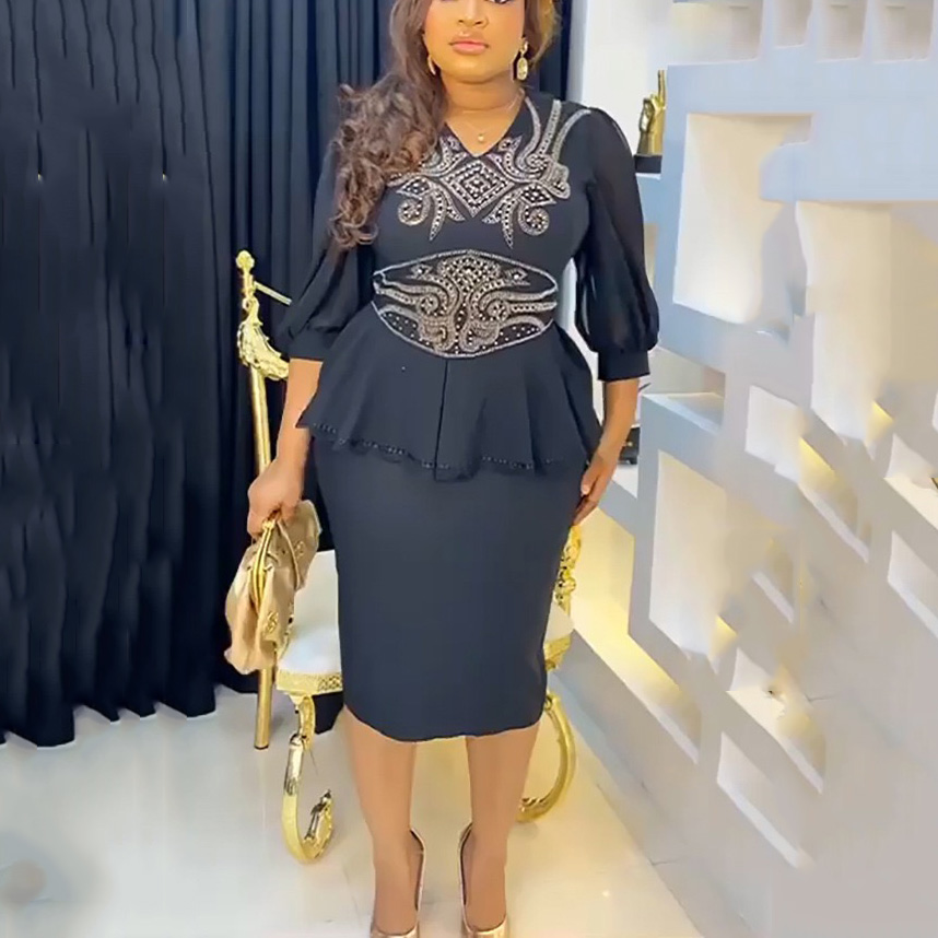 Eleganti gonne africane da 2 pezzi impostato camicetta e gonne aderenti con scollo a V con diamanti Abiti femminili di lusso alla moda impostato di gonne abbinate: XXL / nero
