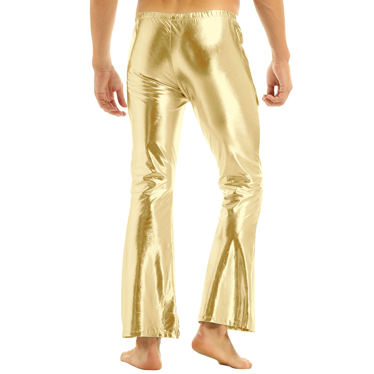 Pantalon de soirée pour homme, vêtement de soirée, brillant, métallique, Disco, avec fond de cloche, évasé, Long, Costume