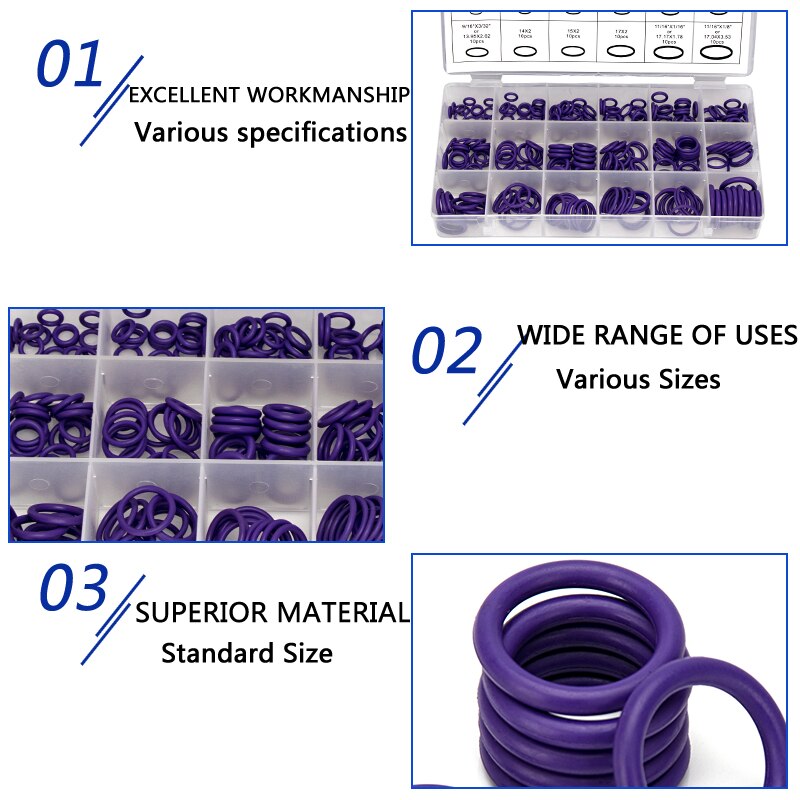 270PCS Paars Natuurlijke Buna Rubber (NBR) O Ringen Assortiment Set Vervanging Afdichting Spare Pakking Kits O-Ring 18 Maten Beschikbaar