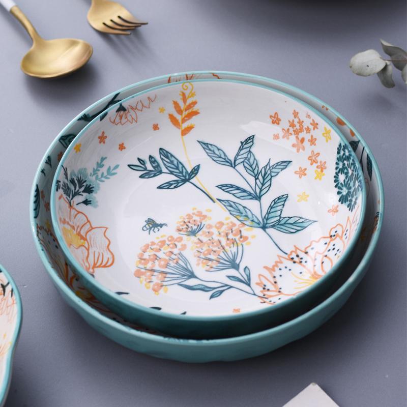 Juego de platos de cerámica para fruta, ensalada, Bol para arroz o sopa, bandeja redonda, vajilla decorativa de porcelana de hueso, platos de cocina