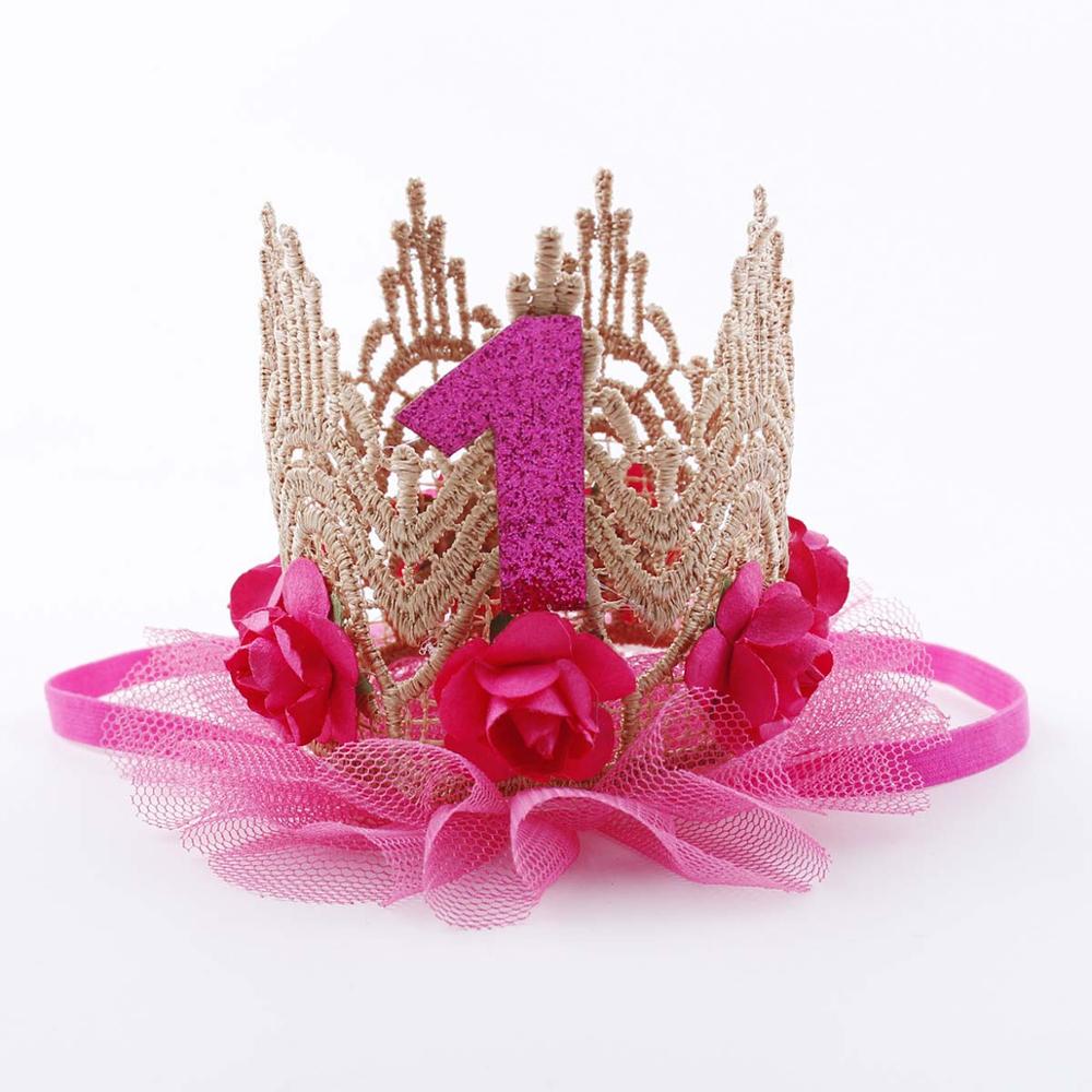 Pink Princess Headband Baby Girls 1st Birthday Party Hat Flower Crown Party Hairband Hair Accessories For Kids Photography Props