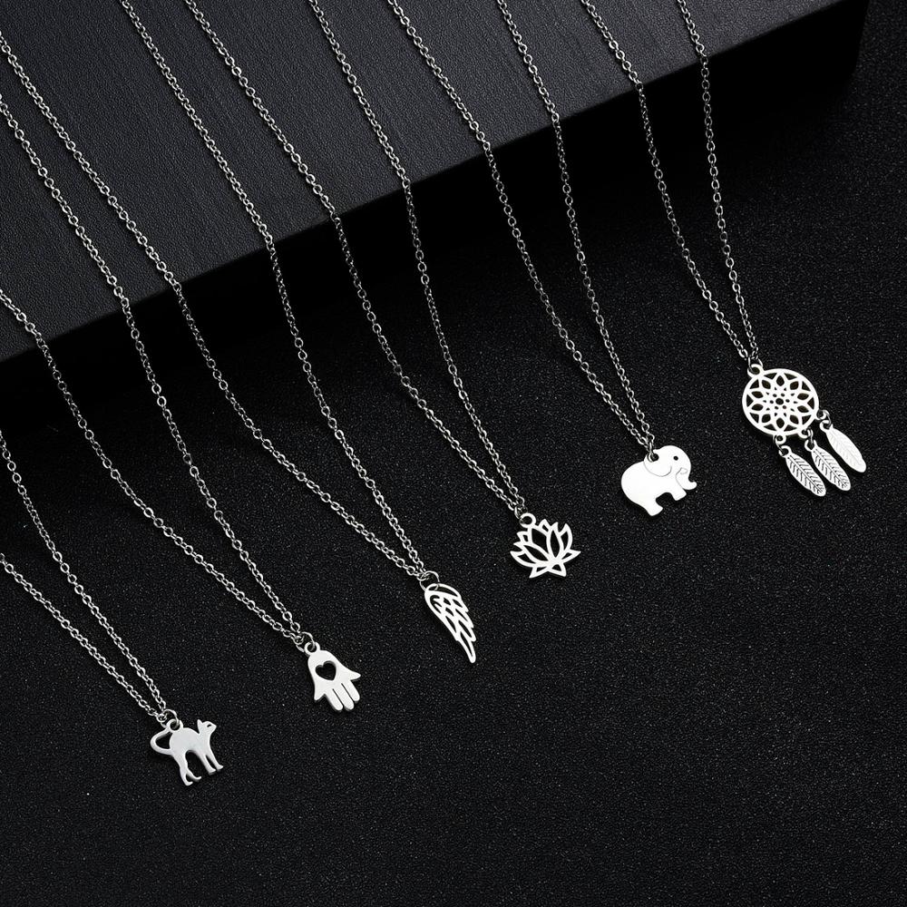 Women Yoga Lotus Pendant Necklaces Stainless Steel Elephant Cat Dream Catcher Choker Long Chain Necklace Jewerly