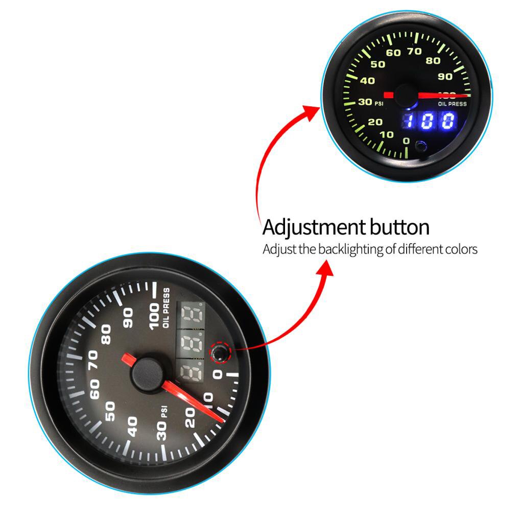 12V Auto Olie Meter Manometer Auto Oliedrukmeter 0-100 Psi Analoge Black Case Met Led 52 Mm