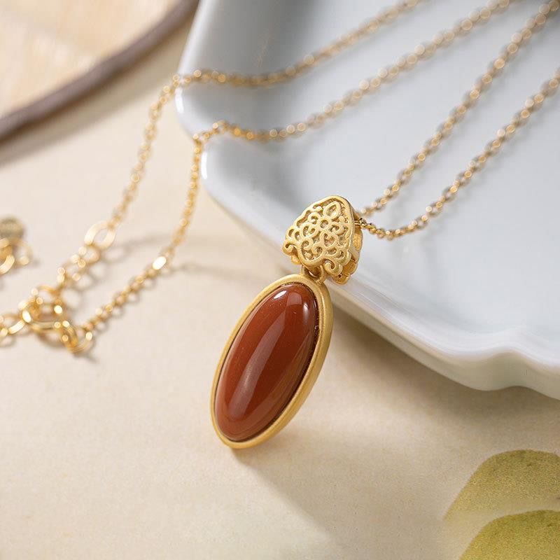 Natural Hetian Jade S925 Sterling Silver Inlaid Natural South Red Geometric Retro Personality All Match Female Clavicle Chain