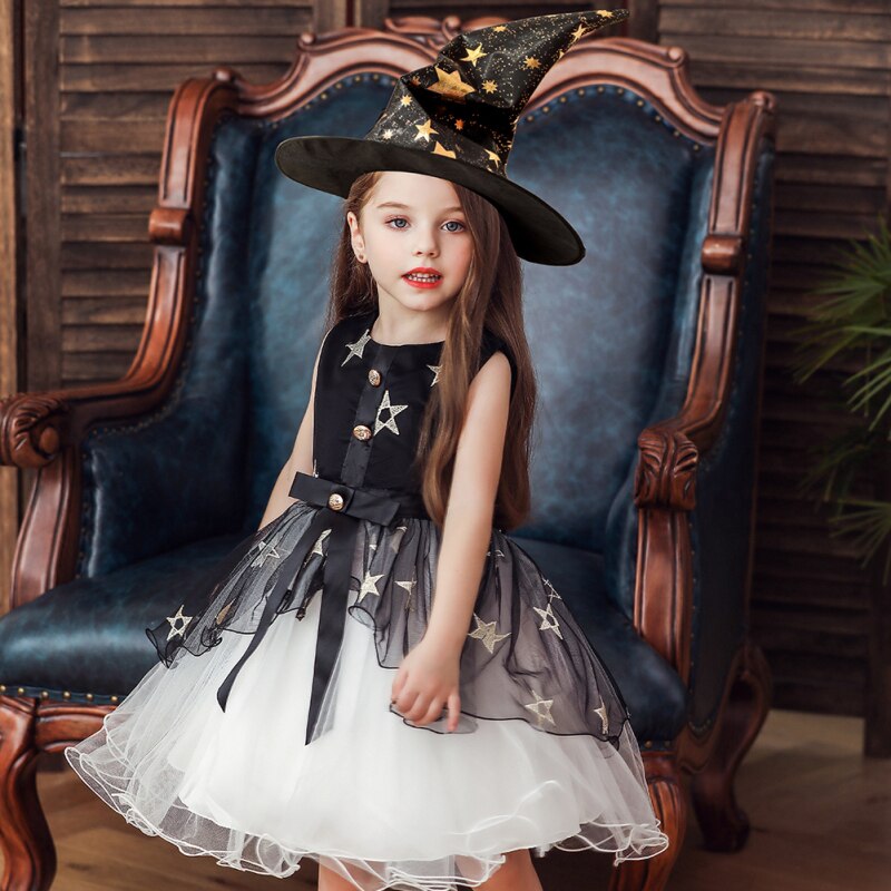 110-160cm Costume Children Dress Skirt Cosplay Girl With Hat Witch Star Skirt Witch Costume For Halloween Princess Dress Kids