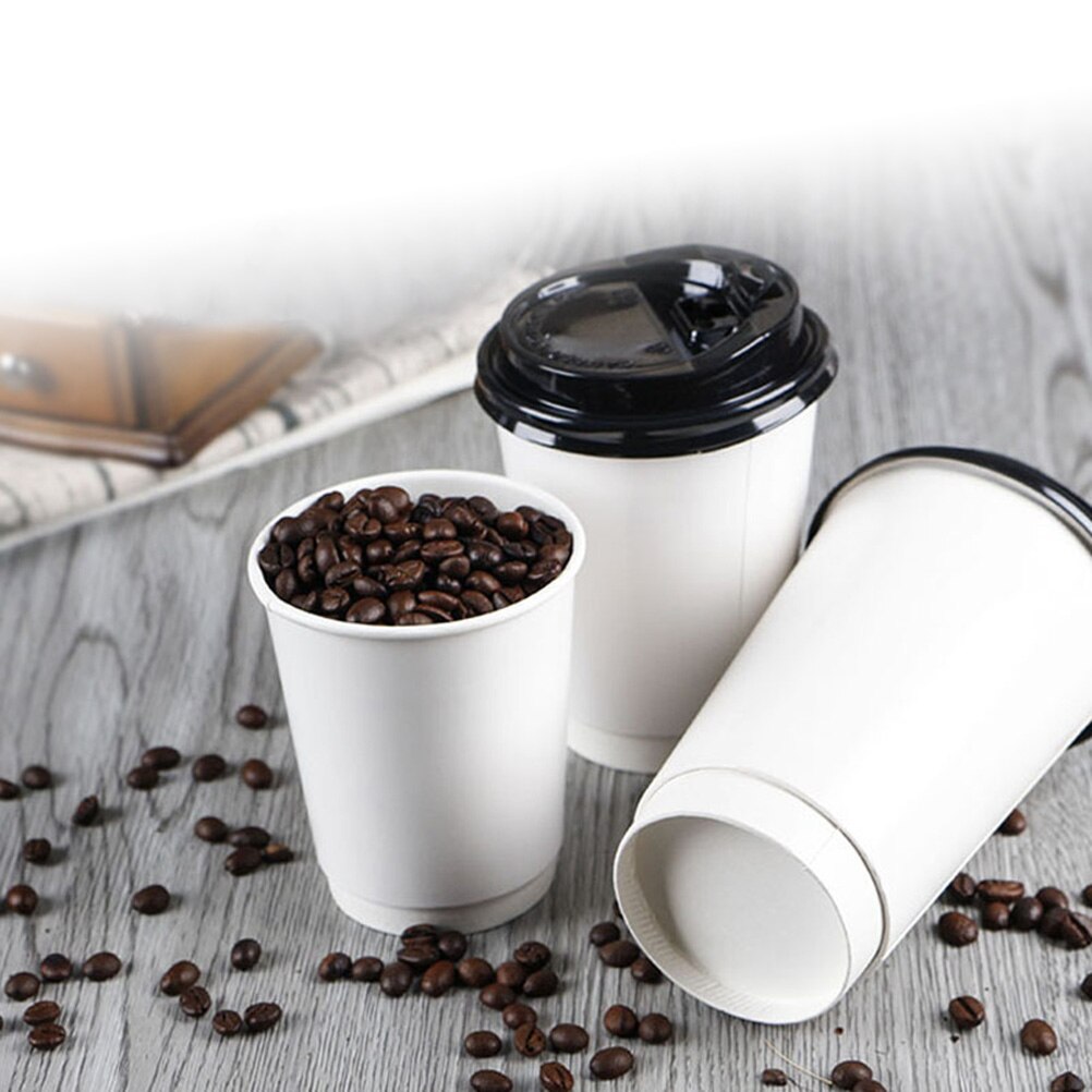 50PCS Disposable Double Walled Coffee Cups with Covers for Coffee Cappuccino Drink Tea