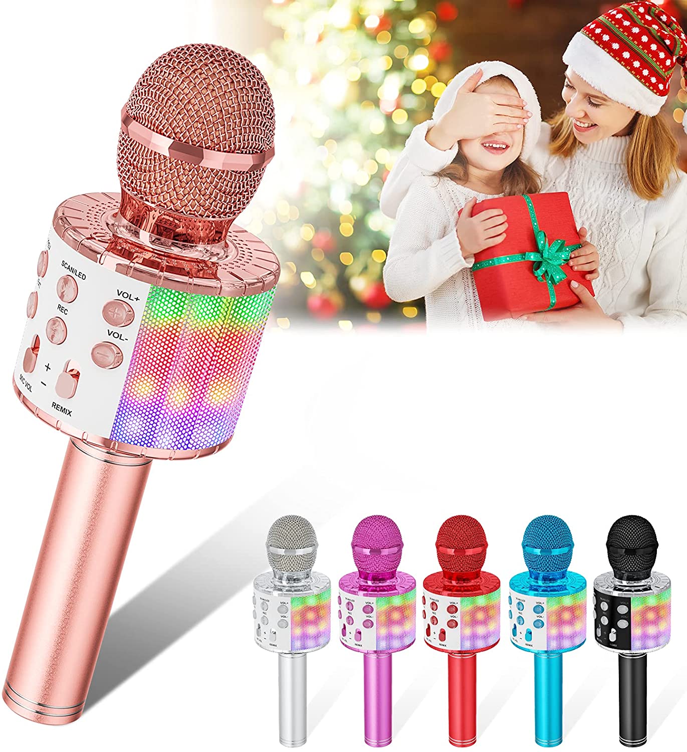 Karaoke Microphone for Kids Singing, 5 in 1 Wireless Bluetooth Microphone with LED Lights Karaoke Machine Portable Mic Speaker