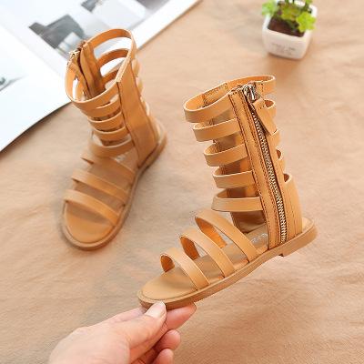 Sandalias romanas de piel sintética para niñas, botas altas con punta abierta, estilo Gladiador, para verano, A599, 2022: brown / 28