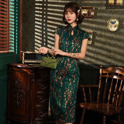 Sheng Coco S-5XL Plus Size Cheongsam Qipao Dresses Green Double-decked Beautiful Shanghai Plus Size Cheongsam Dress 4XL 3XL XXL: L