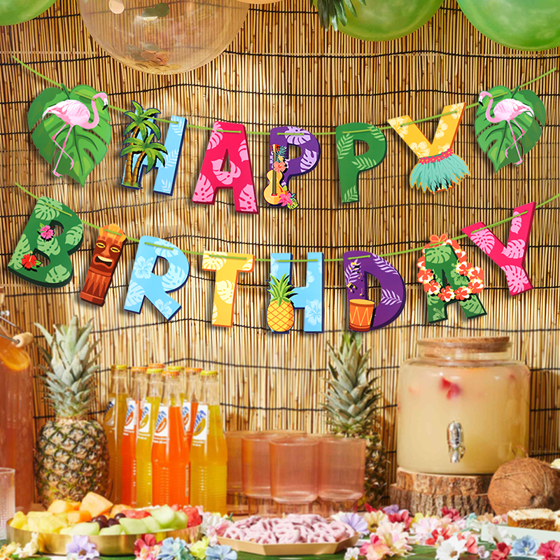 Decoración de hawaiana, guirnalda de feliz cumpleaños, cartel de piña y flamenco de dibujos animados, adornos para pastel, decoración de de boda Luau de verano