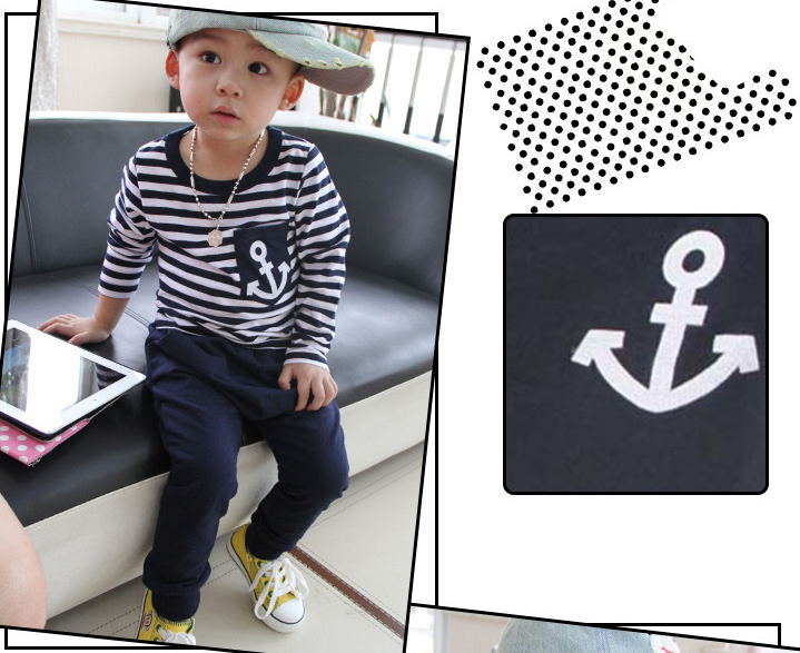 Marine Navy Sailor Boys Tracksuits 100% Cotton Children's T-Shirts Trousers Sets Stripe Boy Sweatshirts Pant Suit