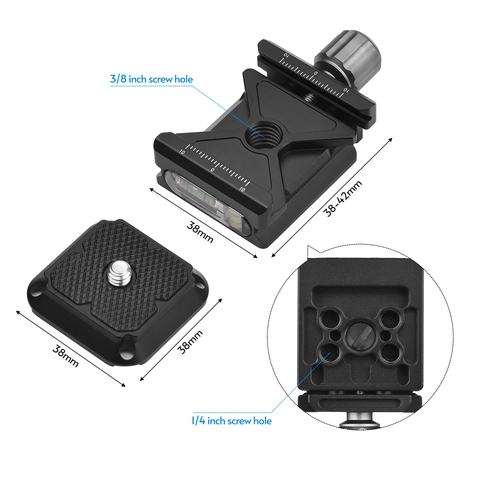 Quick Release Plate Clamp Adapter QR Plate 1/4"Screw Connector Bubble Levels for Bottom 1/4"&amp; 3/8"Screw Hole for Tripod Monopod