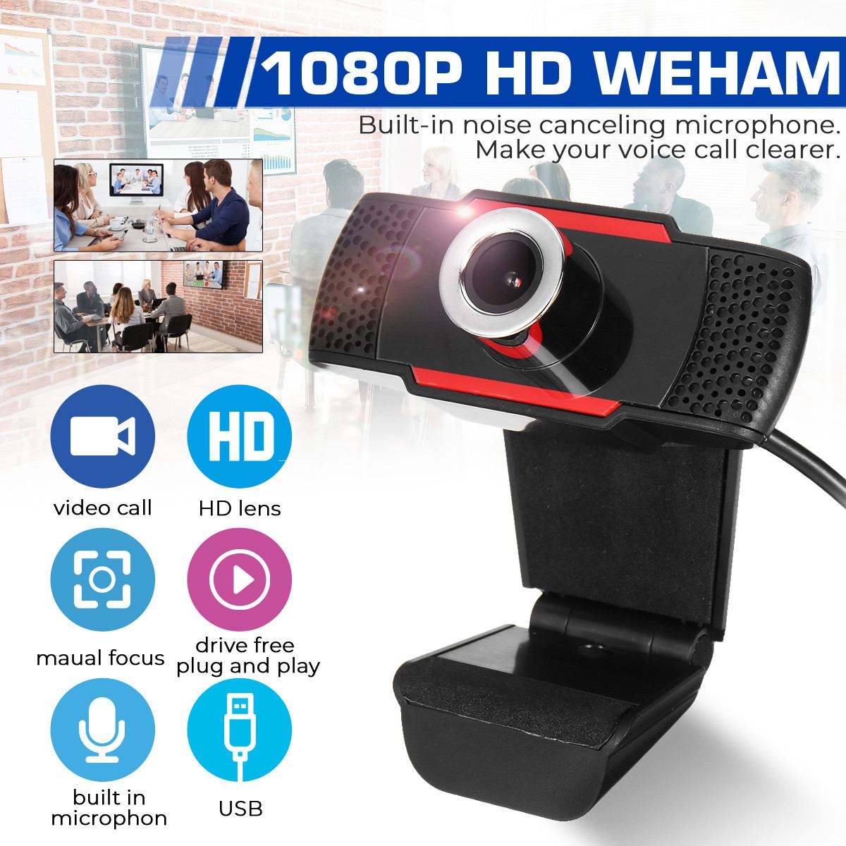 LEORY USB 2.0 Full HD Webcam 1920x1080p Camera Video Recording Web Camera with Microphone For PC Computer Laptop