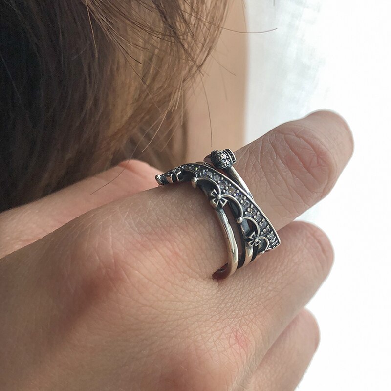 Big Chunky Trendy Crown Thai 925 Sterling Silver Ring For Women Retro Multi-layer Adjustable Stackable Ring Jewelry