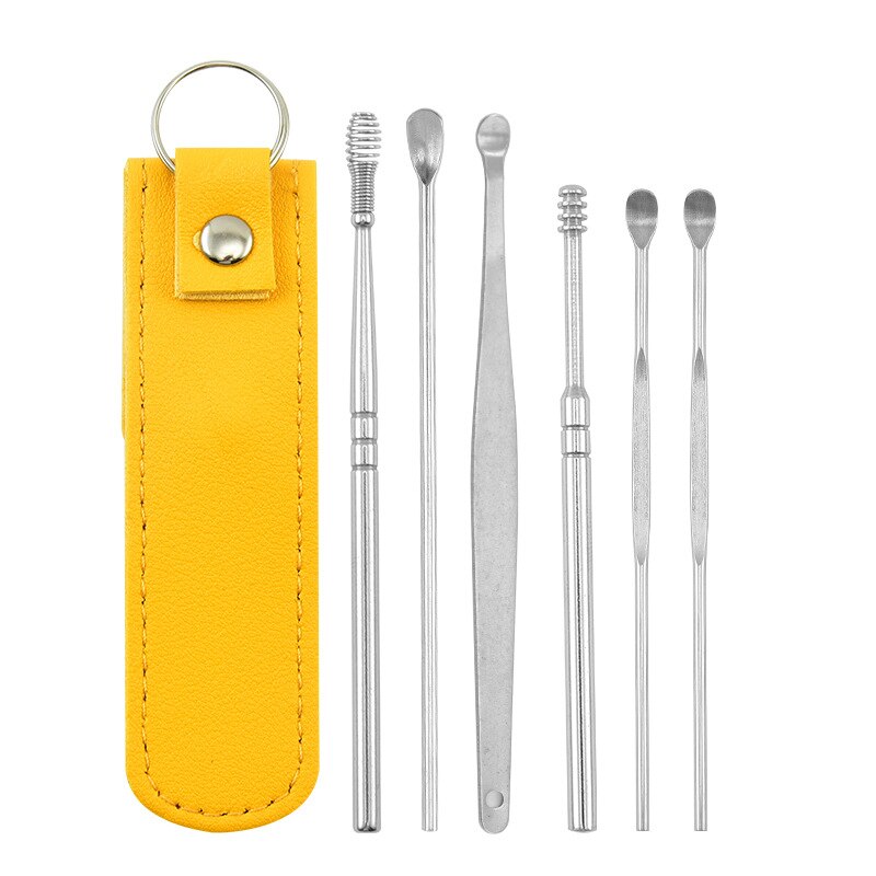 6PCS Ear Wax Remove Tool Ear Pick Cleaning Tools Portable Multi-function Ear Wax Pickers Steel Earpick Wax Remover: Type 1 Yellow