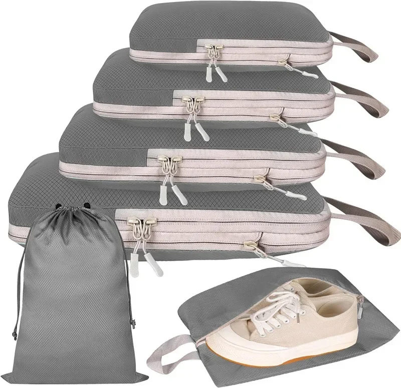 6 -teiliges set tragbarer kompressions-packwürfelbeutel, wasserdichte organizerbeutel für koffer, kleidung, handtaschen und reisen: Schwarz