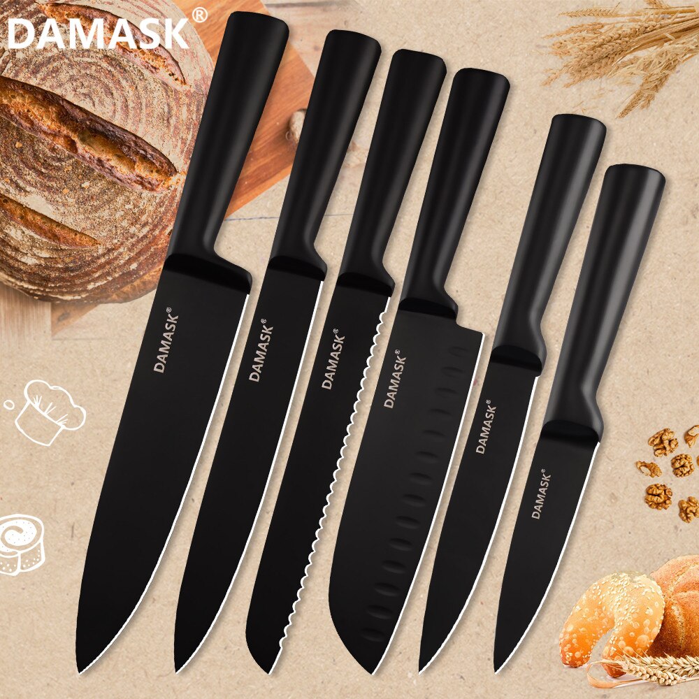 Damask sort rustfrit stål køkkenkniv belægning non-stick skarpt blad kokkeknive letvægts håndtag køkkenkniv sæt