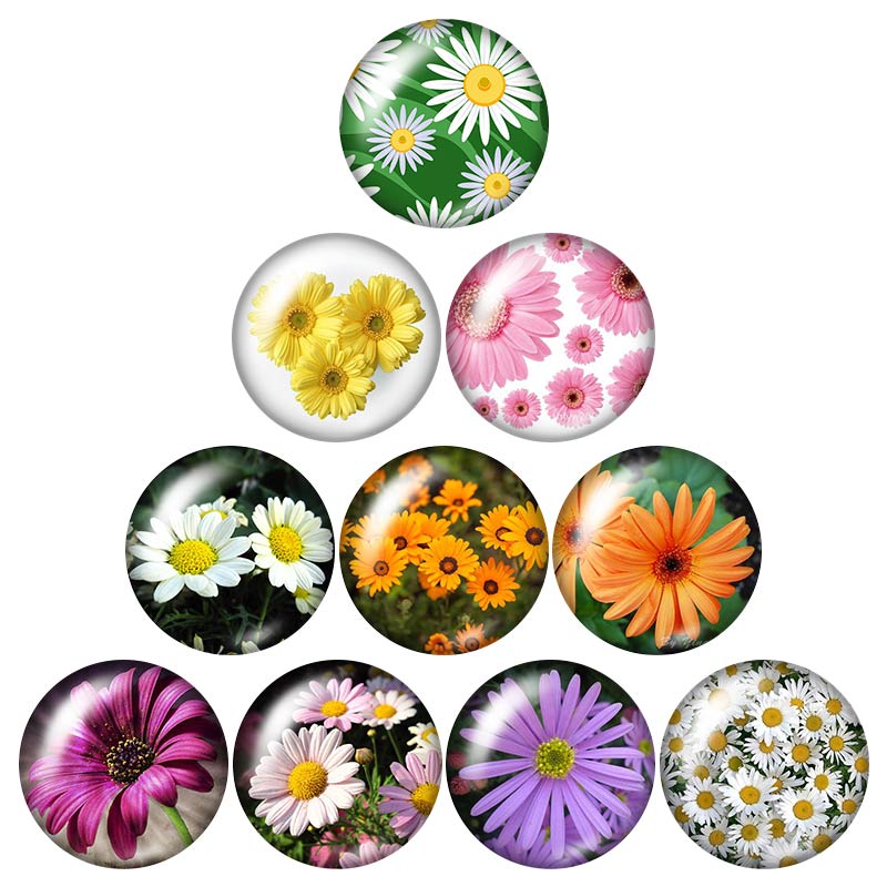 Botones a presión de 18mm con de flores, margaritas y lirios, foto redonda mixta, estilo de cabujón de cristal para joyería con botón a presión, 10 Uds.