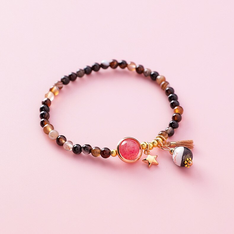 Doreen-pulsera de cuerda de gato de cerámica Kawaii para mujer, brazalete sencillo tejido a mano, cuentas de borla, joyería de de estilo japonés: Beaded-Colorful