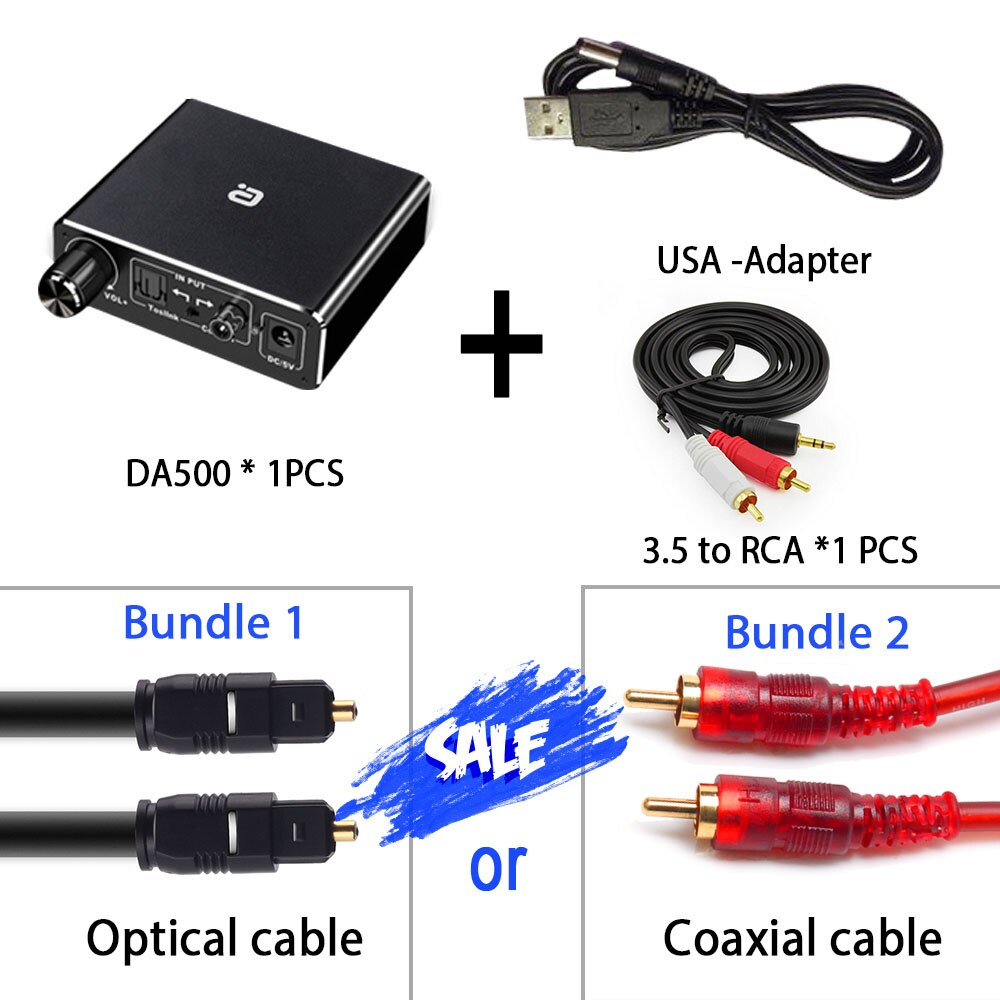 AC3 192Khz Hifi Audio-Decoder Dac Met Volumeregeling Optische Coaxiale Rca 3.5Mm Digitaal Naar Analoog Converter adapter DA500: DA500 USB CABLE / Bundle 1