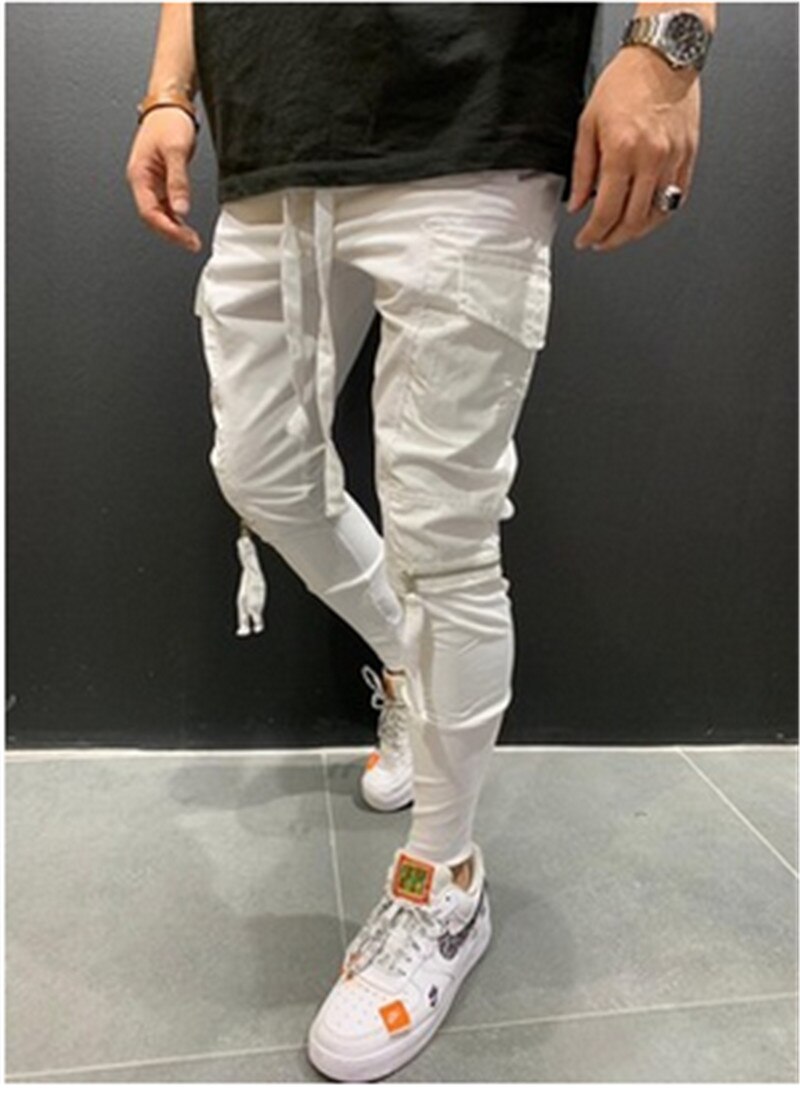 Höst män byxor hip hop harem joggingbyxor herr byxor herr joggingbyxor solida byxor med flera fickor träningsbyxor m -3xl: Vit / M
