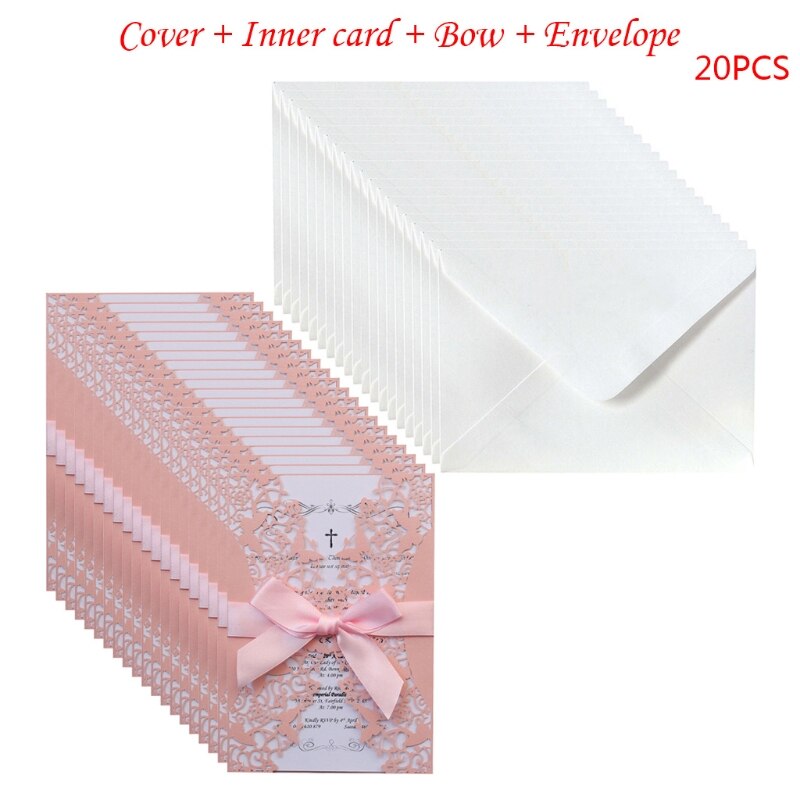20pcs Wedding Invitations Card Hollow Invite Envelopes with Ribbon Bridal Shower: Pink