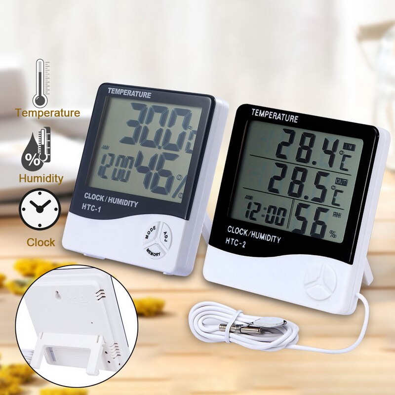 LCD Digital Temperature Humidity Meter Home Indoor Outdoor Thermometer Hygrometer Weather Station with Clock