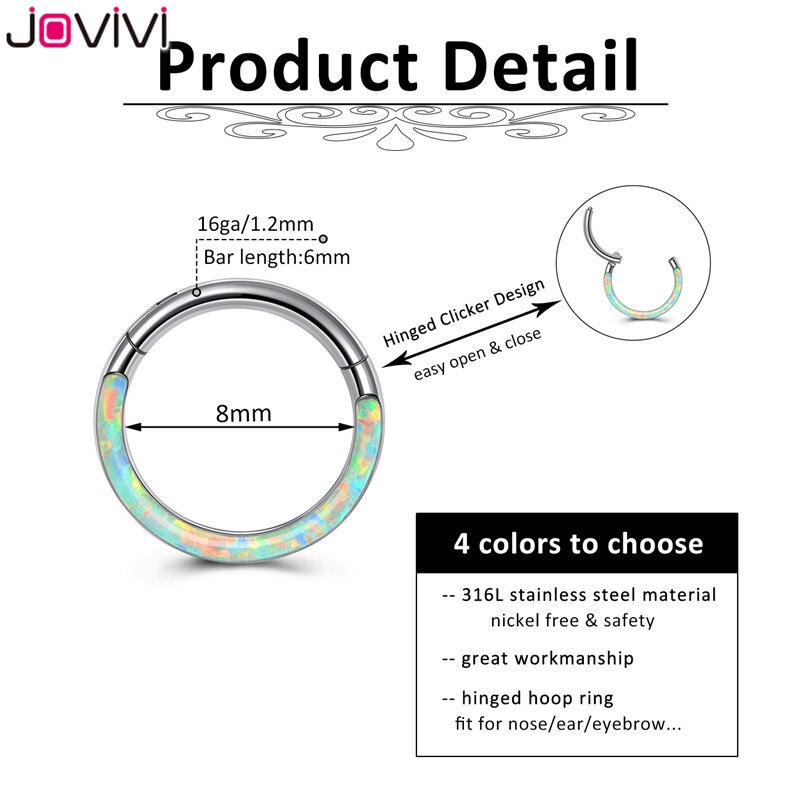 Jovivi Rvs 16G Twist Scharnierende Clicker Neus Septum Ring Synthetische Opal Hoop Wenkbrauw Lip Oor Ringen Body Piercing sieraden